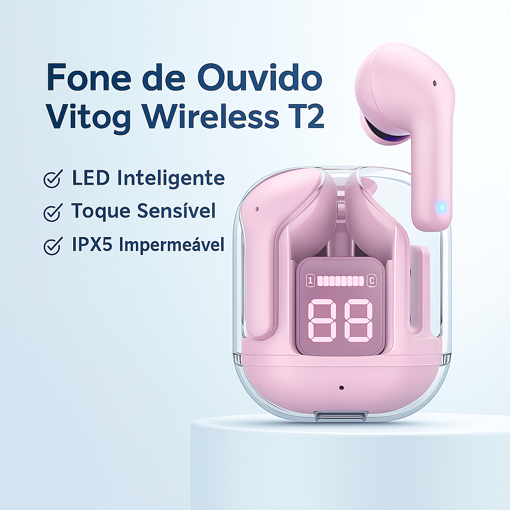 Fone Bluetooth Vitog T2 Wireless – LED, Bluetooth 5.3, À Prova d’Água, Toque Inteligente