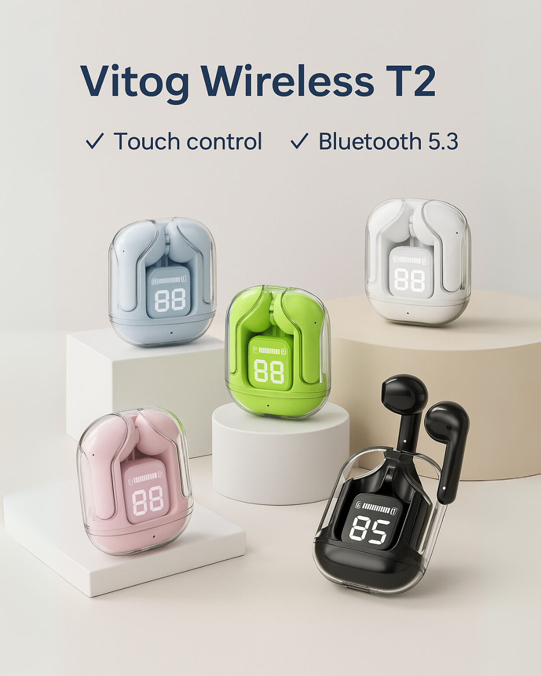 Fone Bluetooth Vitog T2 Wireless – LED, Bluetooth 5.3, À Prova d’Água, Toque Inteligente
